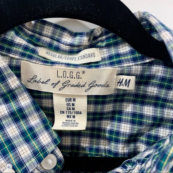 ✨ H&M Mens Navy and Green Plaid Button Down - M, Regular - Picture 3 of 9